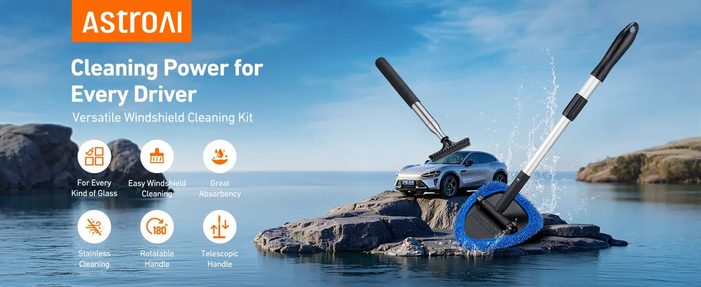 AstroAI Car Windscreen Cleaner Tool, Window Cleaning Kit with 39in Car Mirror Squeegee, 4 Reusable Microfiber Pads and Extendable Handle, Blue car squeegee