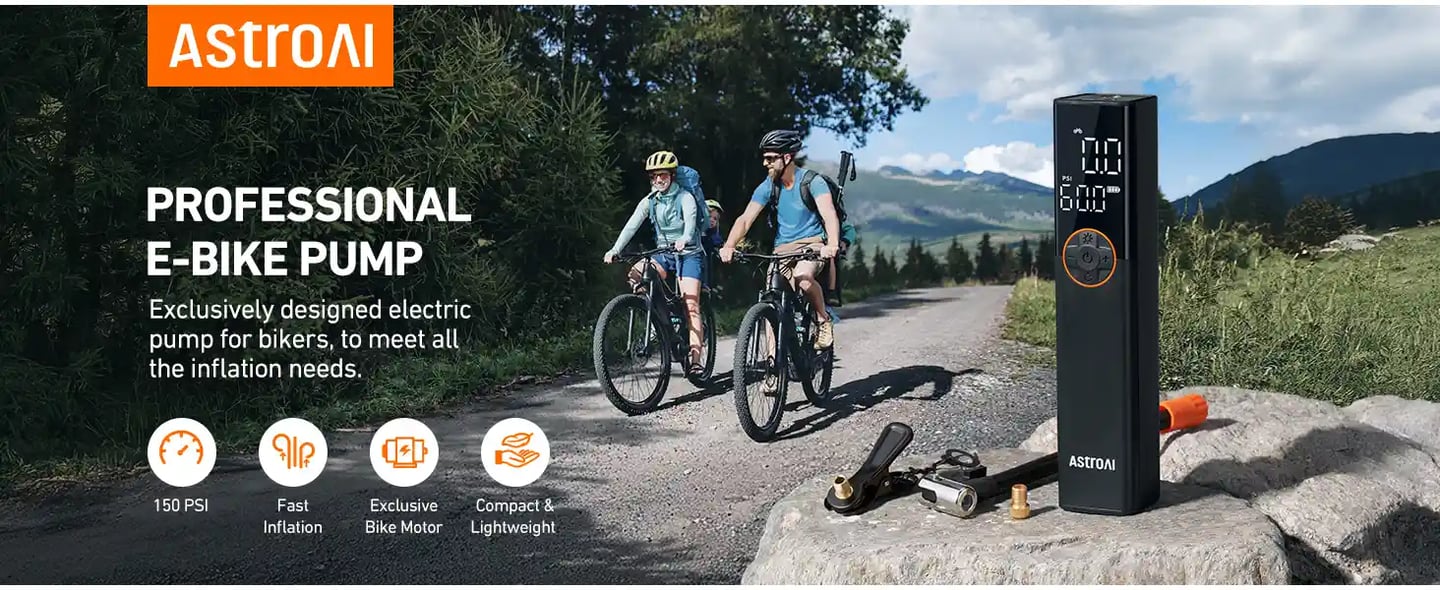 AstroAI L8 Portable Bike Pump, Bicycle Tire Inflator with Pressure Gauge, 150 PSI High Voltage Motor for Electric Mini Air Pump with Presta, Schrader, and Dunlop Valve for Road, Mountain, and E-Bike