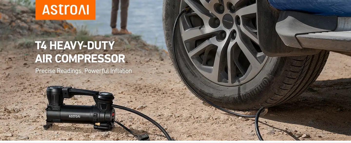 AstroAI T4 Truck Air Compressor with Auto Shutoff, Alligator Clips, LED Light for Off-Road, Pickup, SUV, RV (Up to 33 Inch Tires)