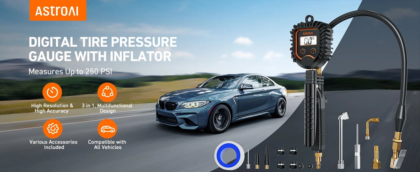 AstroAI Digital Tire Pressure Gauge with Inflator, 250 PSI Air Chuck and Compressor Accessories