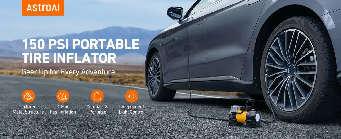AstroAI Portable Tire Inflator with Dual Metal Motors, LED Light for Car and Bikes (150 PSI, 12V DC/110V AC)