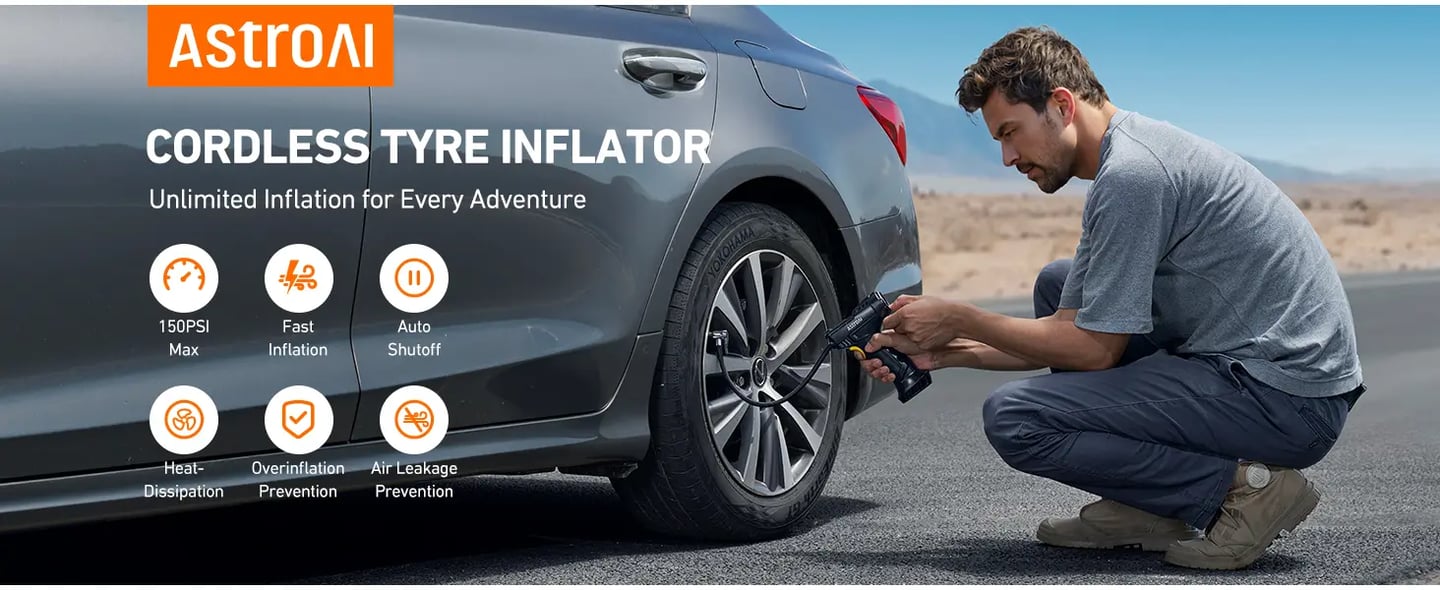 AstroAI Car Tyre Inflator Air Compressor, USB Rechargeable Battery Cordless Tyre Inflator, 150PSI Portable Handheld Tyre Pump Digital with Torch and 4 Adaptors for Car, Motorcycle Bike, Ball