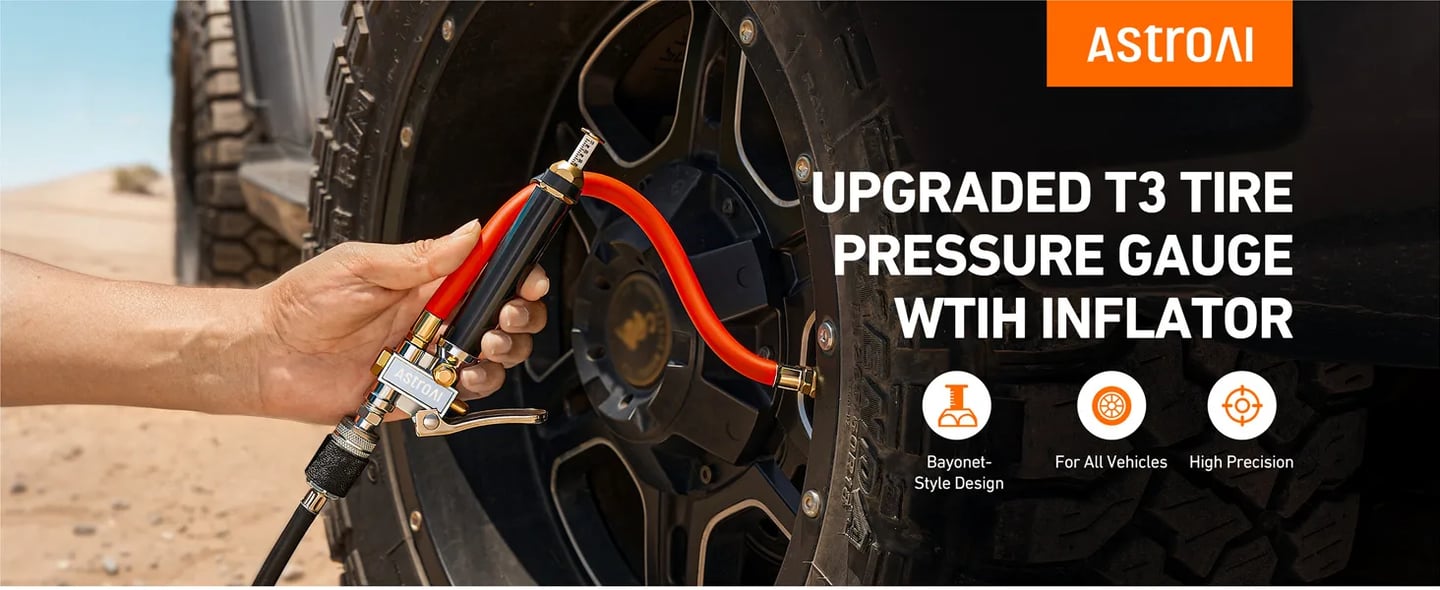 AstroAI T3 Heavy-Duty Tire Pressure Gauge with Inflator, Dual Head Chuck ANSI B40.1 Accurate Air Chuck with Pressure Gauge, 10-120 PSI, Compatible with 1/4" NPT Air Compressor