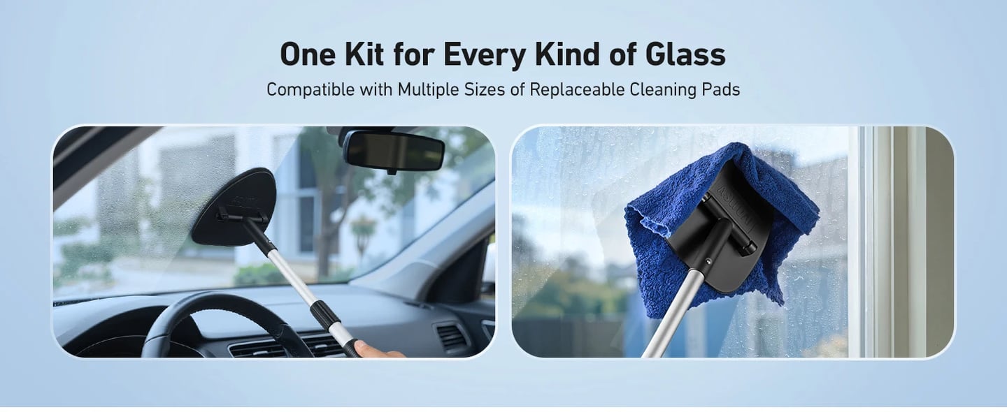 AstroAI Windshield Cleaner Tool, Car Window Cleaner with 4 Upgraded Microfiber Pads, 1 Spray Bottle, 180° Rotatable and Extendable Handle, Effortless Installation
