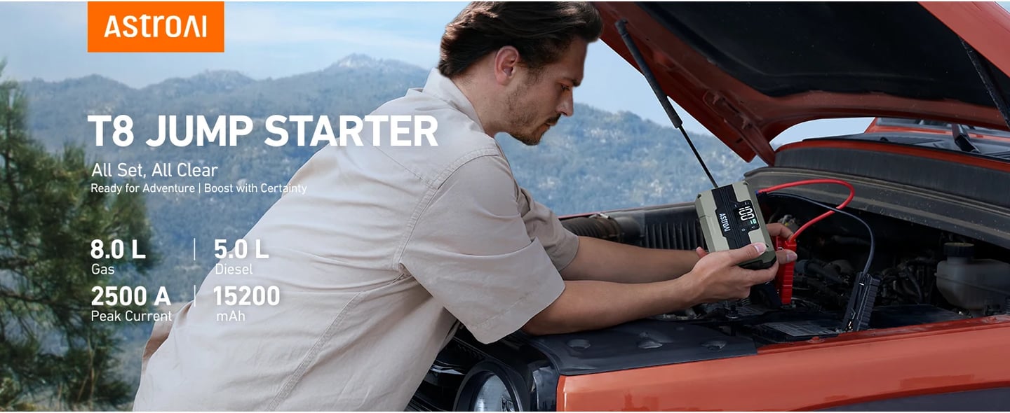 AstroAI T8 Car Battery Jump Starter 8-in-1 2500A, with 15200mAh QC 3.0 Power Bank, LED Screen, Cigarette Adapter, Jumper Cable for Up to 8.0L Gas & 5.0L Diesel Engines