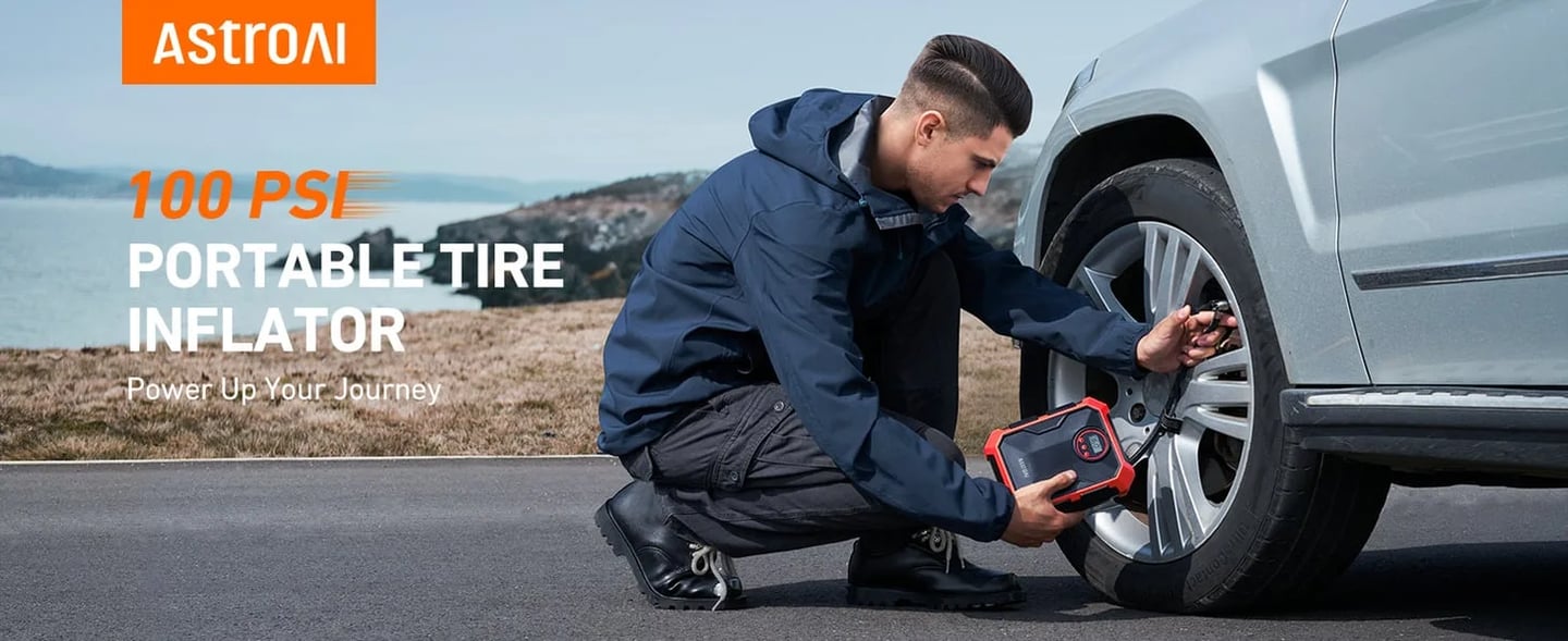 AstroAI 12V DC Portable Air Compressor​ for Cars, Bicycles, and Other Tires with LED Light and Digital Display, 100 PSI, Red