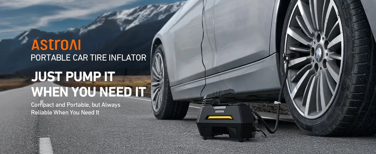AstroAI Tyre Inflator Air Compressor 12V DC, 35LPM 100W Powerful Portable Car Tyre Pump Auto-Stop with Digital Pressure Gauge, 4 Valve Adaptors and LED Light, Car Accessories