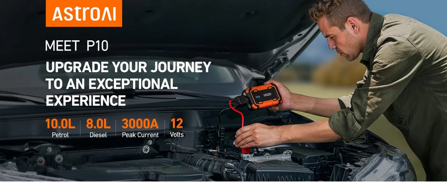 AstroAI P10 Jump Starter Power Pack 3000A – Portable Car Battery Booster Jump Starter Power Bank for 12V Cars (10.0L Petrol / 8L Diesel), Motorbikes, Includes LED Flashlight, Orange