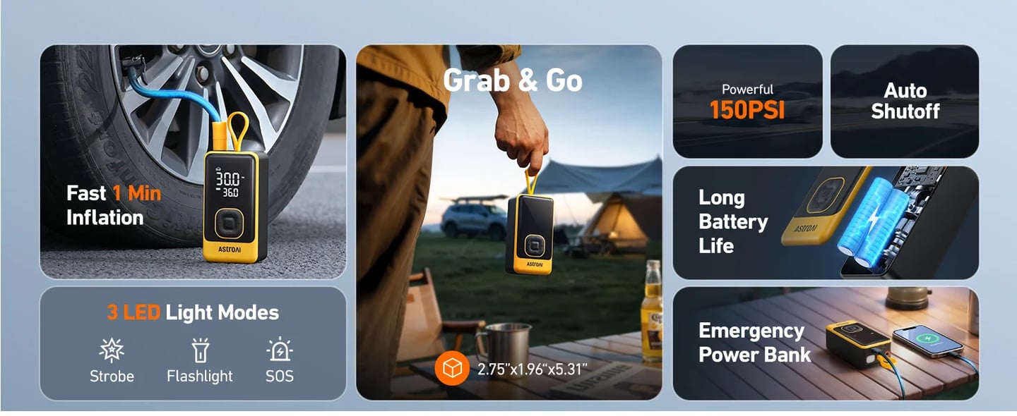 AstroAI L7 Air Tire Inflator Portable Air Compressor, 150PSI Electric Cordless Pump with Fast 1-min Inflation, Auto Shutoff, LED Light – Rechargeable for Car, SUV, Motorcycle, Bike Tires, Yellow