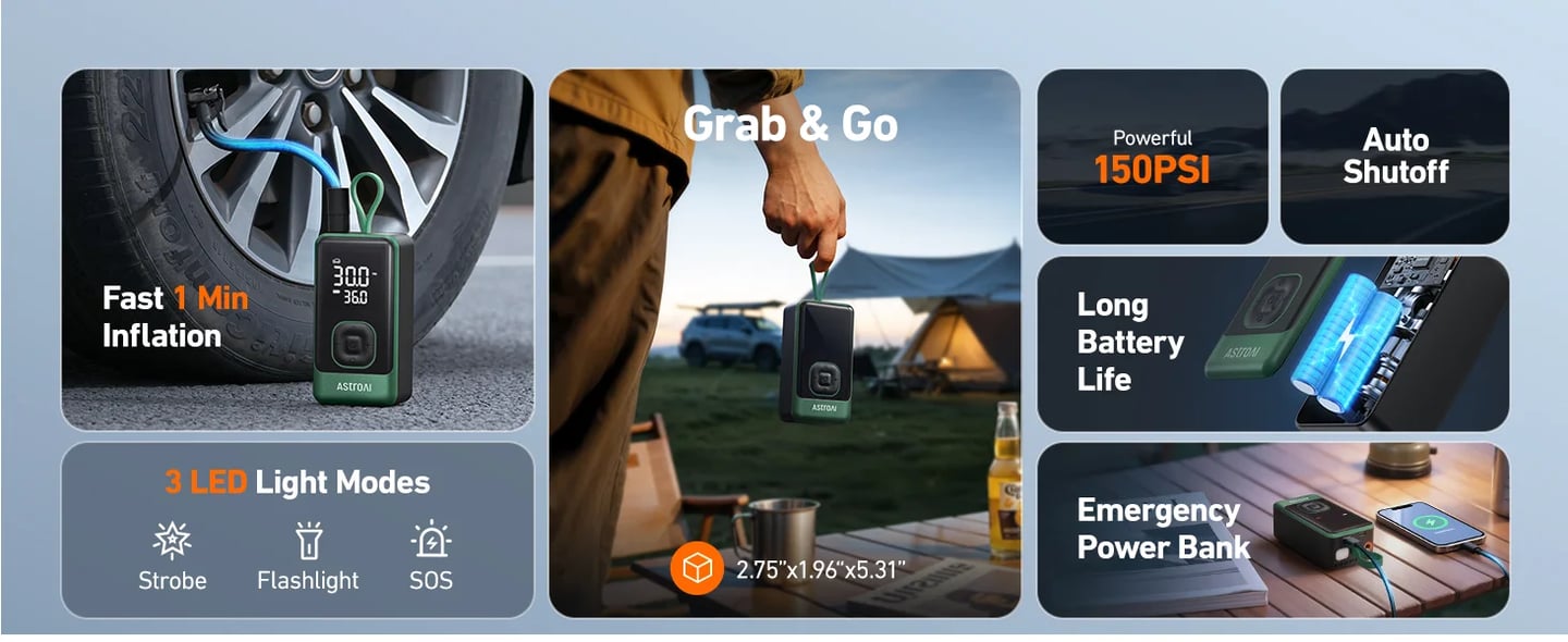 AstroAI L7 Air Tire Inflator Portable Air Compressor, 150PSI Electric Cordless Pump with Fast 1-min Inflation, Auto Shutoff, LED Light – Rechargeable for Car, SUV, Motorcycle, Bike Tires (Green)