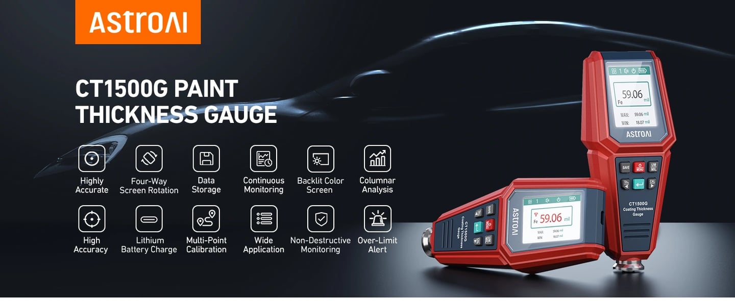 AstroAI CT1500G Paint Thickness Gauge, Automatic Digital Car Coating Thickness Meter for Used Car Buyers Check The Car's Original Coating