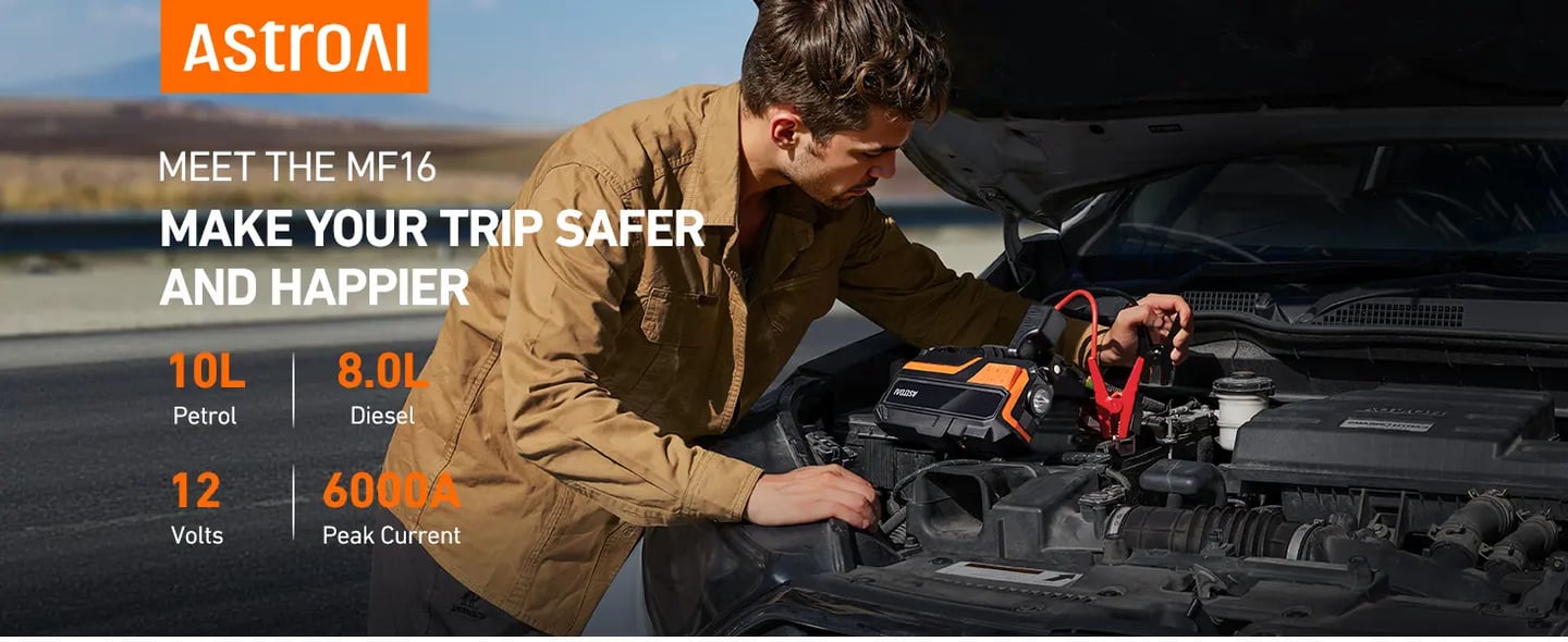 AstroAI 6000A and 150PSI Car Battery Booster Jump Starter Tyre Inflator, Jump Starter Power Pack with Air Compressor, for 12V Vehicles (10L Petrol/8L Diesel), Intuitive LED Screen, Full Accessory Kit