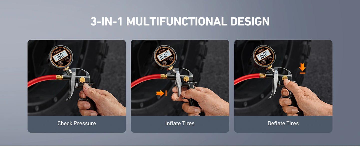 AstroAI T1 Digital Tire Pressure Gauge with Inflator, 3-250 PSI Air Chuck with Pressure Gauge, Heavy Duty with Quick Connect Coupler, Calibrated to ANSI B40.7 Grade 2A
