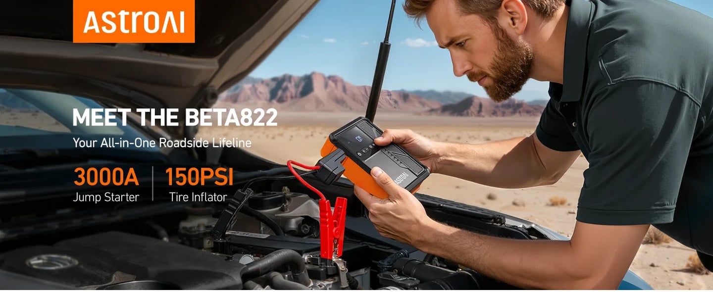 AstroAI Beta822 3000A Jump Starter with Air Compressor, 150PSI Portable Tire Inflator with Auto-Shutoff, 12V Car Battery Booster (9.0 Gas/7.0L Diesel) with LED Light and Jumper Cables