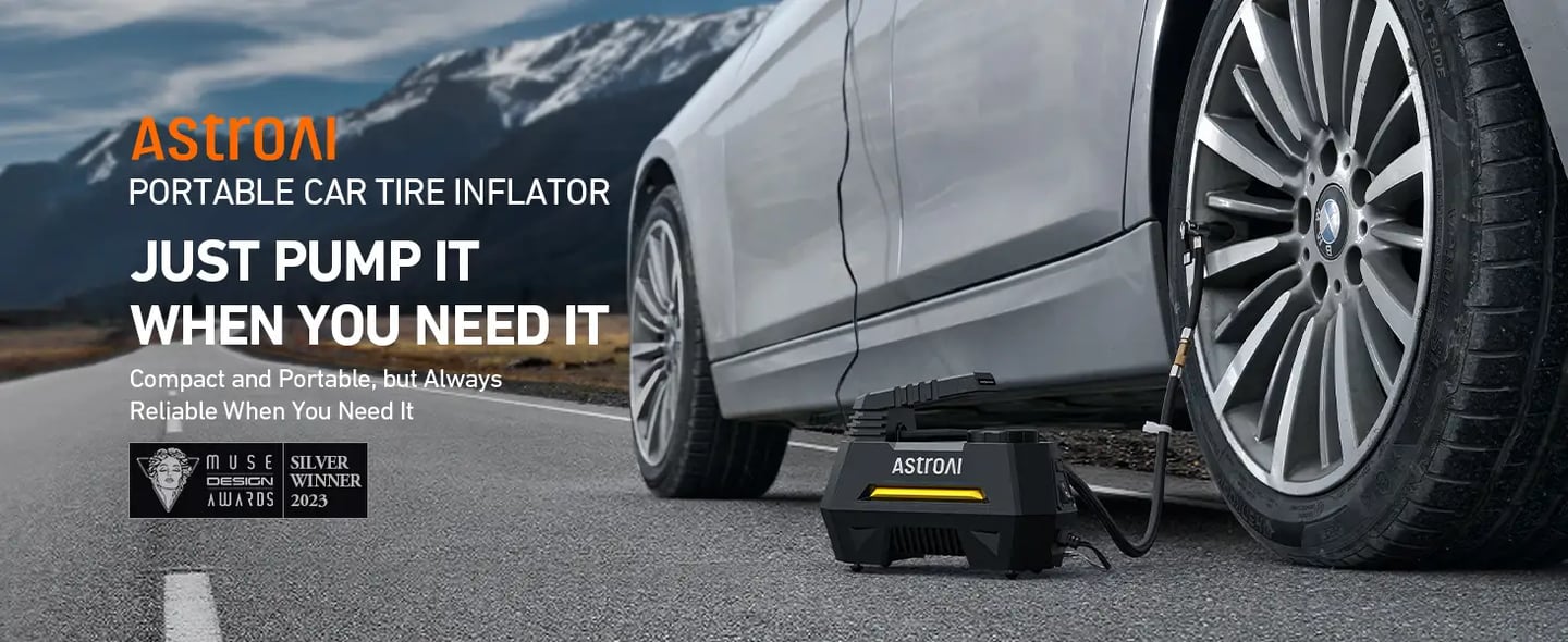 AstroAI Portable Air Compressor for Car, Bikes, and Air Mattresses with Dual Metal Motors & LED Light, 150 PSI, 12V DC/110V AC, Yellow