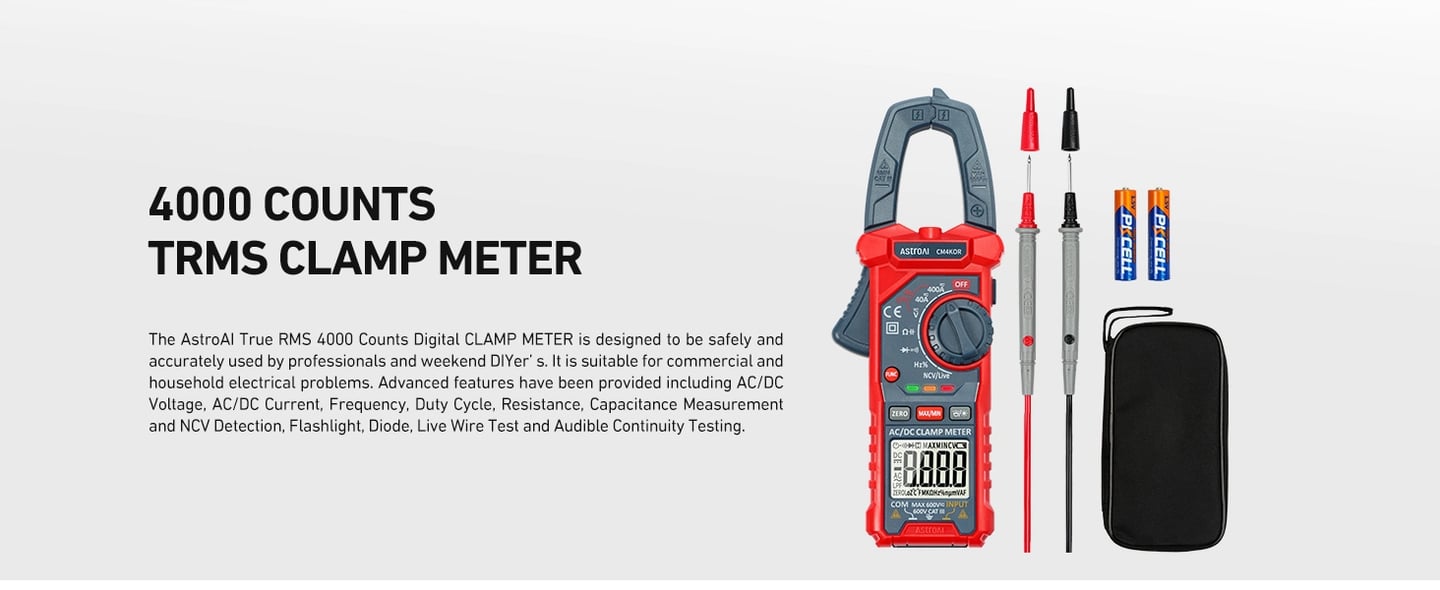 AstroAI Digital Clamp Meter Multimeter 4000 Counts Auto-ranging Amp Voltage Tester Measuring AC/DC Voltage & Current, Resistance, Capacitance, Frequency, Continuity, Live Wire Test, NCV Detection