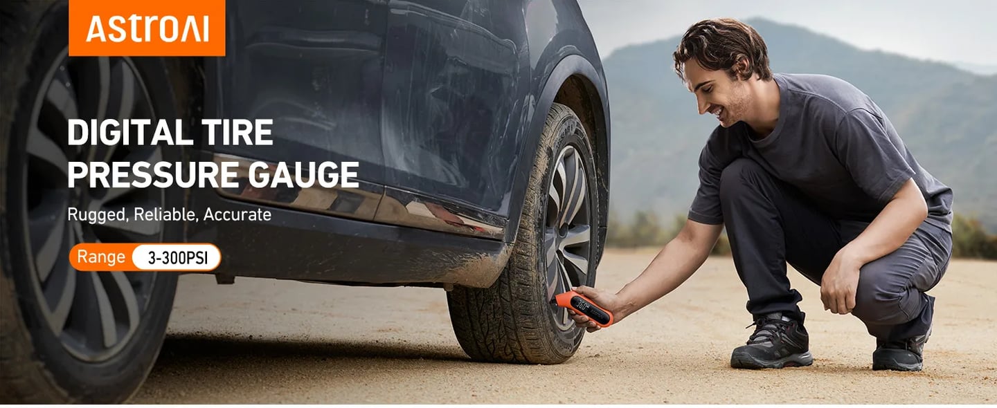 AstroAI Digital Tire Pressure Gauge with Backlight, Flashlight, Presta Valve Adapter, and AAA Batteries, Compatible with Schrader Valves, 300PSI, Orange