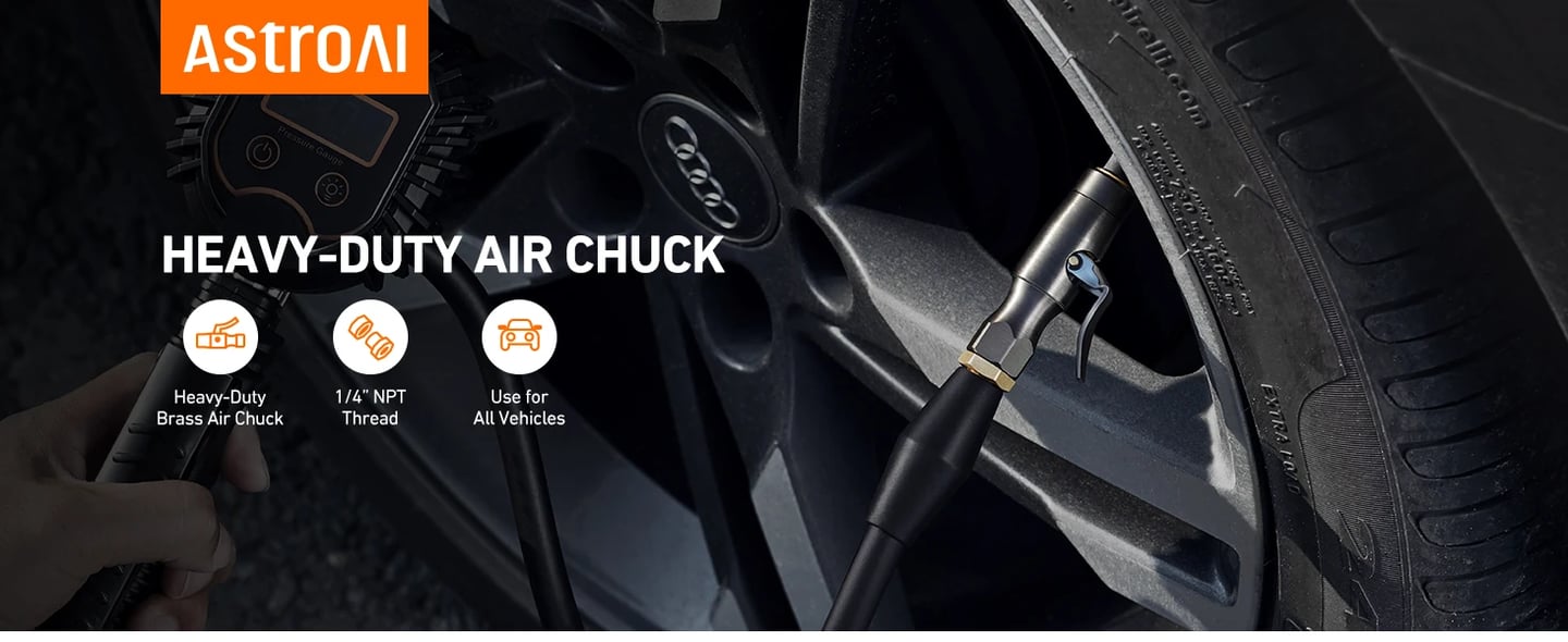 AstroAI Air Chuck, No Air Leakage Double Teeth Lock on Tire Chuck Open Flow
