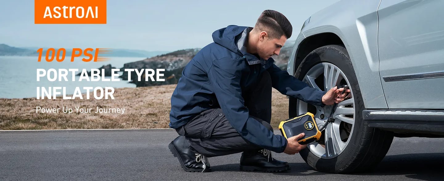 AstroAI 100PSI 12V DC Tyre Inflator, Car Air Pump,Yellow