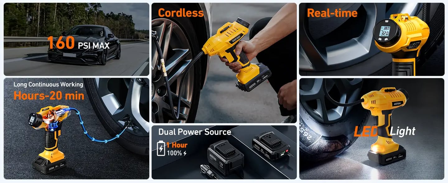 AstroAI Portable Handheld Cordless Tyre Inflator 160PSI, Air Compressor, Yellow