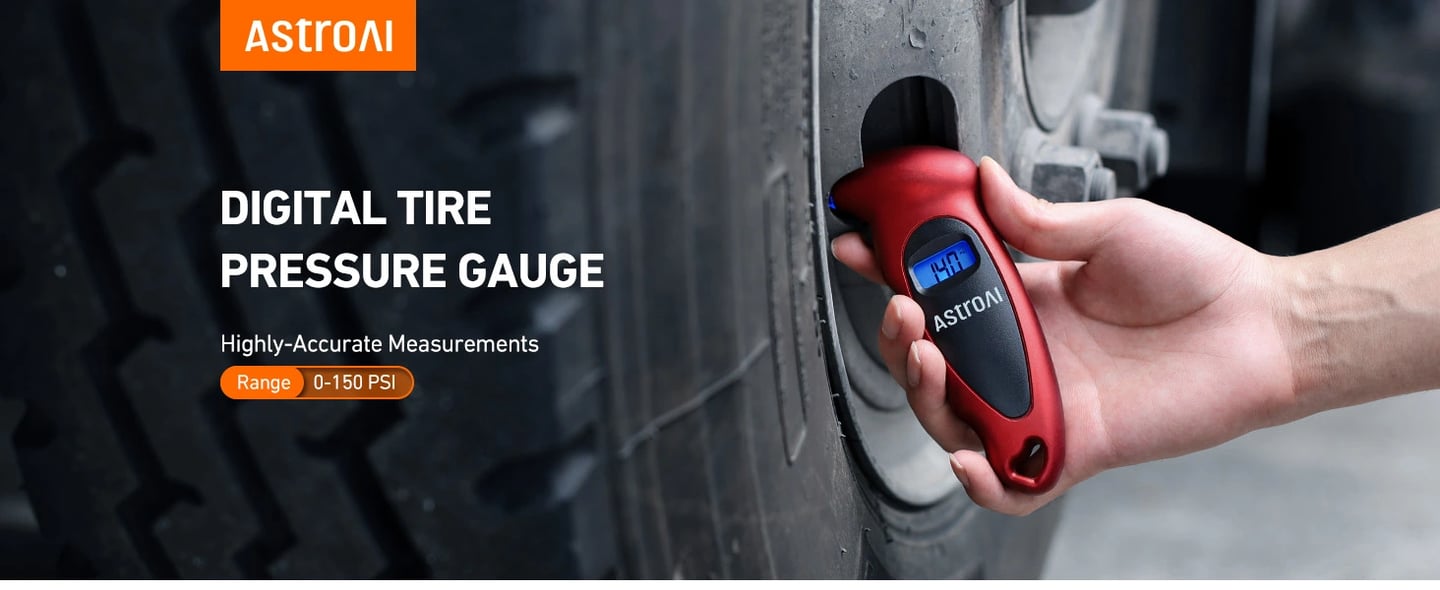 AstroAI Digital Tire Pressure Gauge with 4 Settings Stocking Stuffers for Car, Truck, Bicycle, Motorcycle and Backlight LCD & Presta Valve Adapter, 0-150PSI, Red