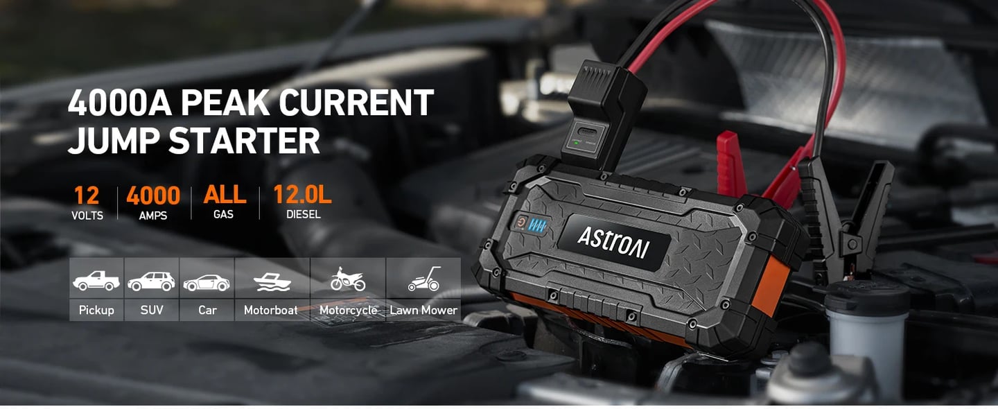 AstroAI S8 Ultra 4000A Car Jump Starter, Jump Box up to All Gas Engines & 12L Diesel, 12V Portable Power Bank with USB/Type-C Ports, 3 Modes LED Flashlight, Auto Battery Booster with Jumper Cable