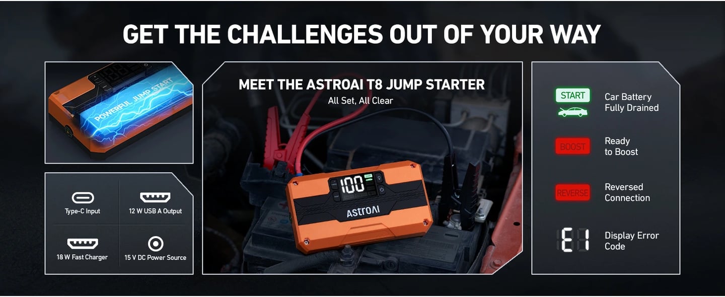 AstroAI T8 Battery Jump Box for Car 2500A​ with Power Bank, LED Screen with Cigarette Adapter, Jumper Cable (Up to 8.0L Gas & 5.0L Diesel)