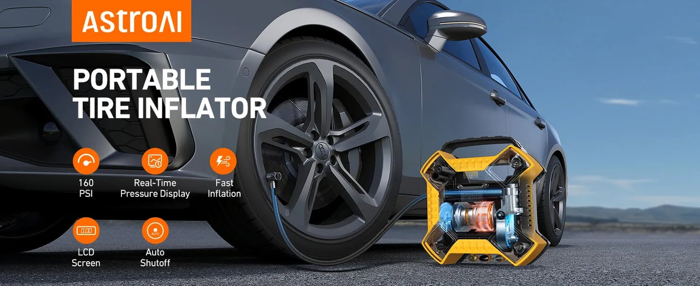 AstroAI Battery Air Compressor for Car Tires with LED Light for Cars, Bicycles, Motorcycles, 12V DC, 160 PSI, Yellow