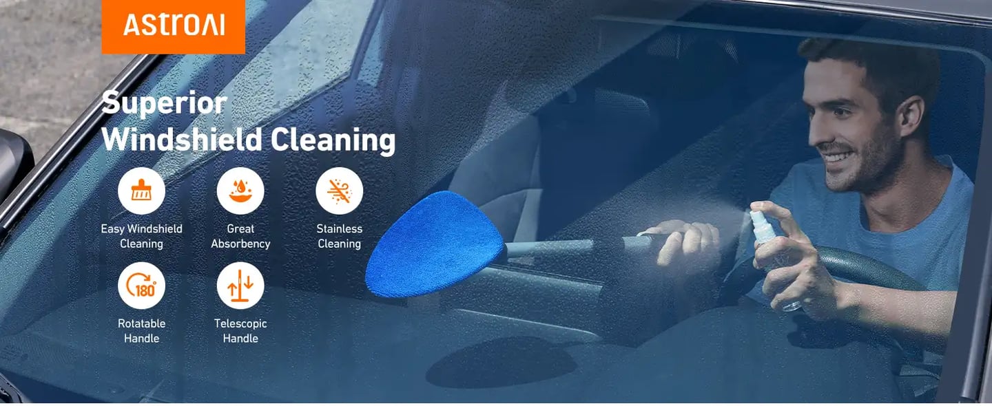 AstroAI 26" Windshield Cleaner Tool, Car Interior Window Detailing Cleaning Kit with Extendable Handle and 4 Easy-to-Install Reusable Microfiber Pads, Blue