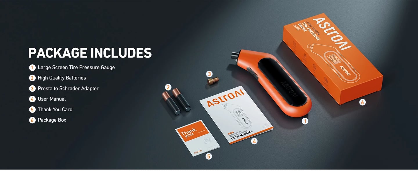 AstroAI Digital Tire Pressure Gauge with Backlight, Flashlight, Presta Valve Adapter, and AAA Batteries, Compatible with Schrader Valves, 300PSI, Orange