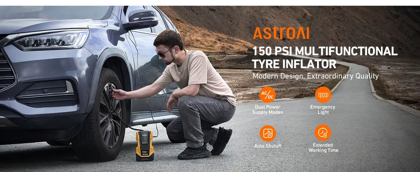 AstroAI Car Tyre Inflator Air Compressor, 240V Mains and 12V DC Dual Power Supply Tyre Pump with Digital Pressure Gauge, Max 150PSI Car Accessories Pumps for Cars Bike Motocycle Ball