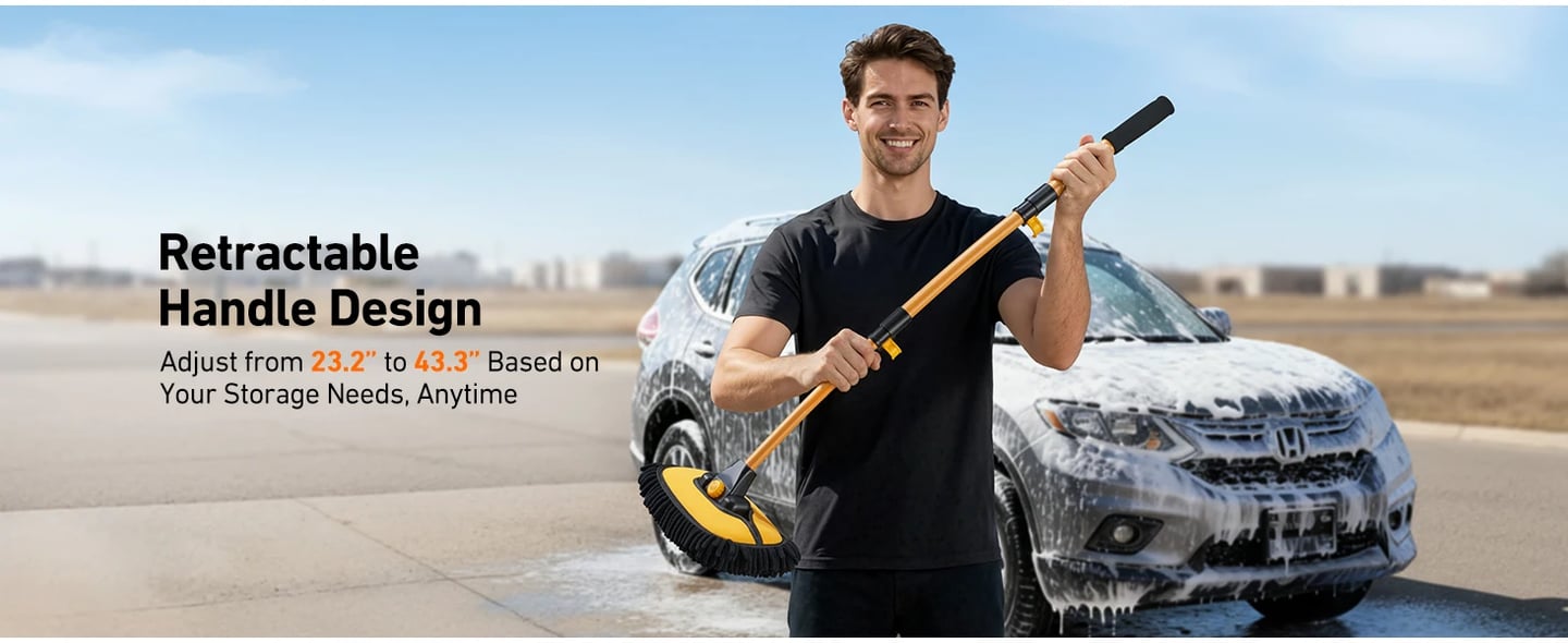 AstroAI 15°Curved Car Wash Brush with 43" Long Handle and 90° Rotating Replaceable Brush Head, Car Wash Kit with Microfiber Towel and Tire Brush for Car, SUV, RV, Floor Cleaning, Yellow