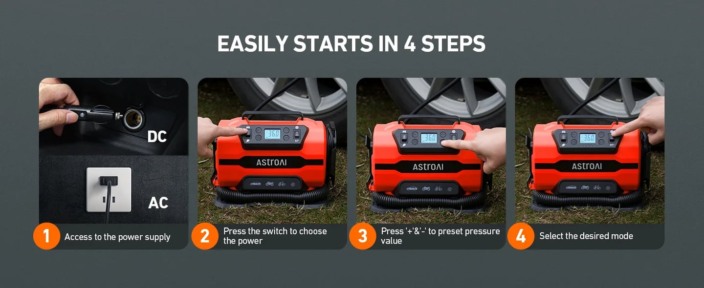 AstroAI Tire Inflator Portable Air Compressor Pump 150PSI 12V DC/110V AC with Dual Metal Motors &LED Light， Automotive Car Accessories&Two mode for car, bicycle tires and air mattresses, Red