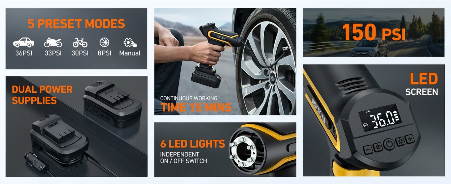 AstroAI Handheld Tire Inflator with 20V Rechargeable Battery & 12V Car Power Adapter for Cars and Motorcycles, 150 PSI, Yellow