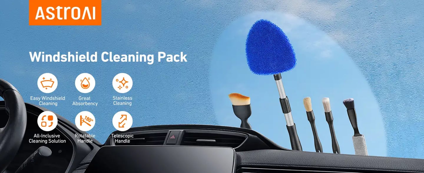 AstroAI 10pcs Windshield Cleaner Tool, Car Interior Detailing Kit with Dual-Head Brush, 3 Cleaning Brushes, 4 Microfiber Pads and Spray Bottle, All-Inclusive Cleaning Solution, Car Accessories, Blue