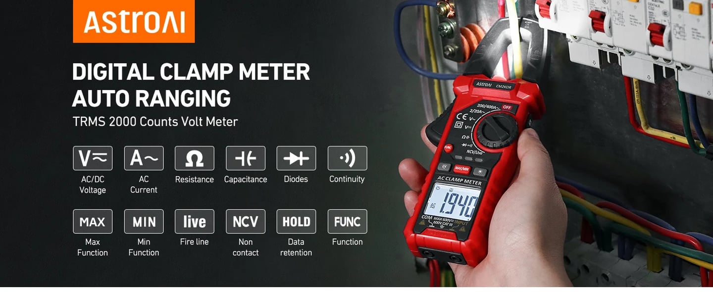 AstroAI Digital Clamp Meter Multimeter 2000 Counts Amp Voltage, Black