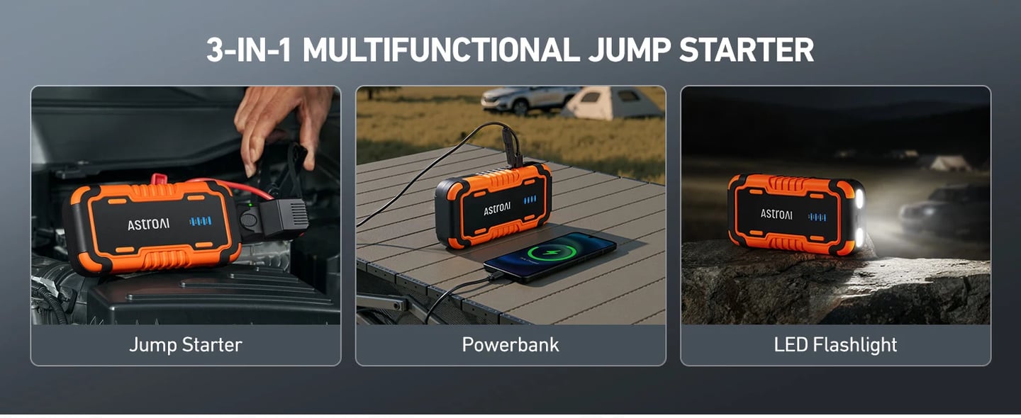 AstroAI P8 Booster Pack Jump Starter 4000A, Car Battery Booster Jump Starter for Up to 10L Gas or 8L Diesel Engine, 12V Jumper Box for Cars, with Jumper Cable, 3 in 1 LED Light, 2 USB Output, Orange