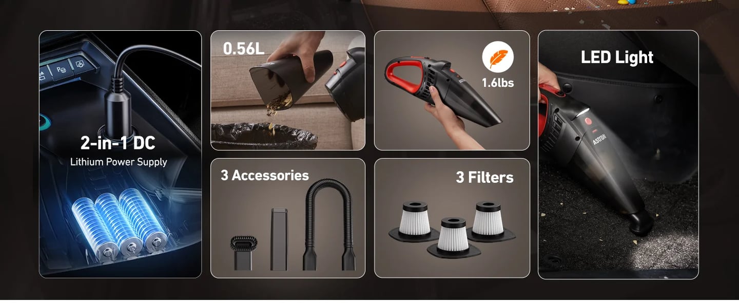 AstroAI Handheld Car Vacuum Cordless with Accessories, Portable Vacuum Cleaner with 12V DC Power, LED Light, Brush, Extended Suction Pipe, Hose, Mini Handheld for Car, Home, Office, and Pet Hair, Red