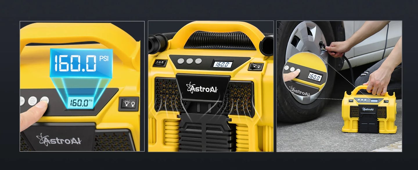 AstroAI 160PSI Cordless/Corded Tire Pump with 3 Power Supply (DC/AC/Battery) Without Battery Yellow