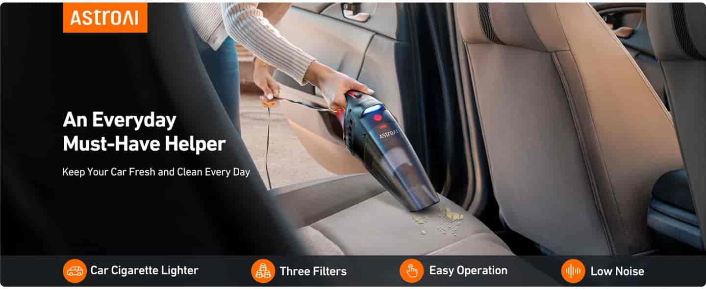 AstroAI Car Vacuum, Portable Handheld Vacuum Cleaner with 12V DC Power, LED Light and 16.4 Ft Cigarette Lighter Cord, Car Cleaning Kit with 3 Filters for Quick Cleaning