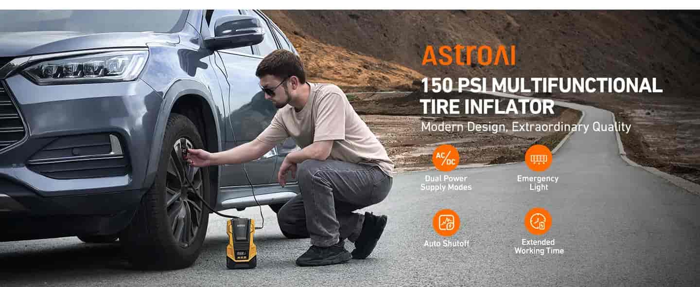 AstroAI AC/DC Mini Air Compressor with 150PSI, LED Light for Car Tires, Balls, Motorcycles, Yellow