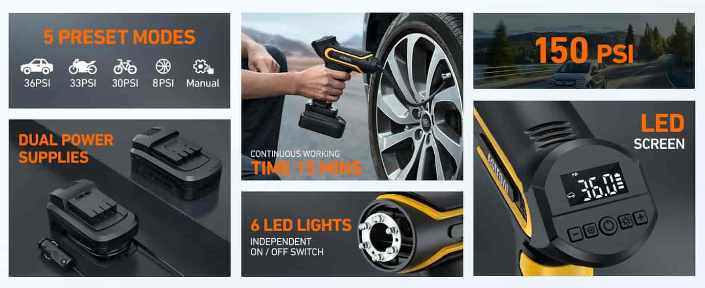 AstroAI Tire Inflator Air Compressor Cordless Car Tire Pump 20V 150 PSI