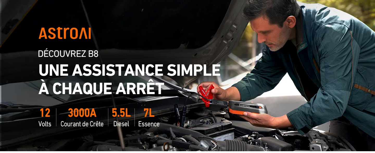 AstroAI B8 Booster Batterie Voiture, Démarreur Batterie Voiture Portable 12 V (pour 5,5 L Diesel ou 7,0 L Essence), avec Protection Intelligente et Lumière LED pour Moto, Orange