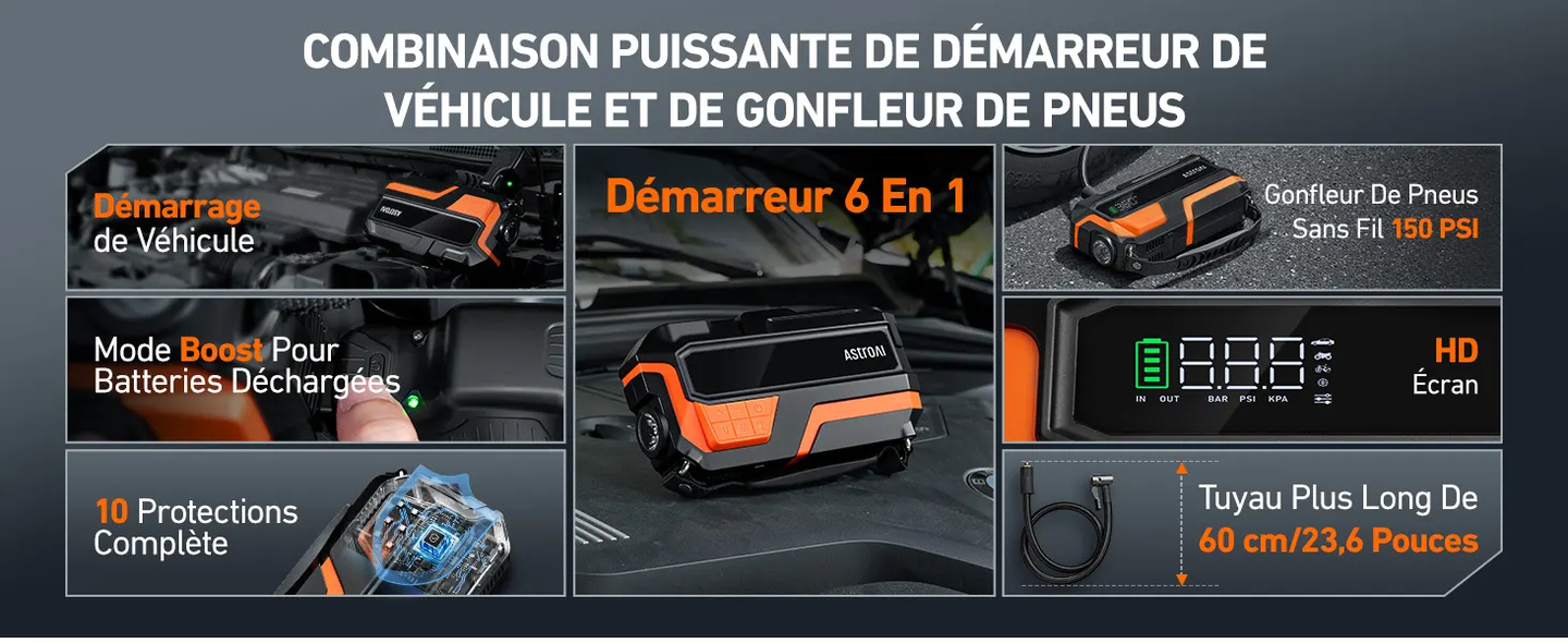 AstroAI 6000A Démarreur Voiture avec compresseur 150PSI, Démarreur de Batterie pour 10 L d'essence/8 L de Diesel, pour Voitures 12 V, Motos, SUV, Orange