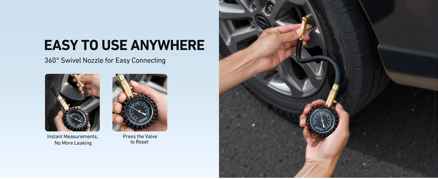 AstroAI Mechanical Tyre Pressure Gauge, 100 PSI, 2in Glow Dial
Brass and steel gauge with flexible hose, 360° swivel chuck and bleed valve; retains readings for cars, SUVs and motorbikes.
