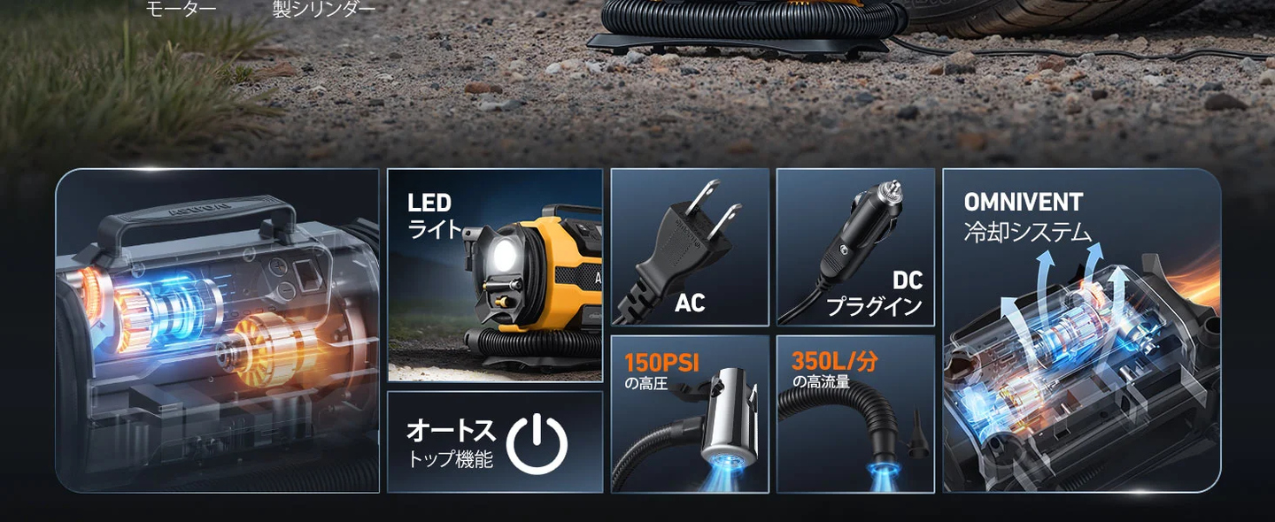 AstroAI エアコンプレッサー 電動空気入れ 5 in 1 自転車 空気入れ 車用 AC/DC給電 150PSI コンパクトイエロー | 自動車 自転車 バイク エアマットレス 浮き輪など多用途対応 自動停止 メモリ機能 LEDライト 仏式/米式/英式 全バルブ対応 五種類変換ノズル