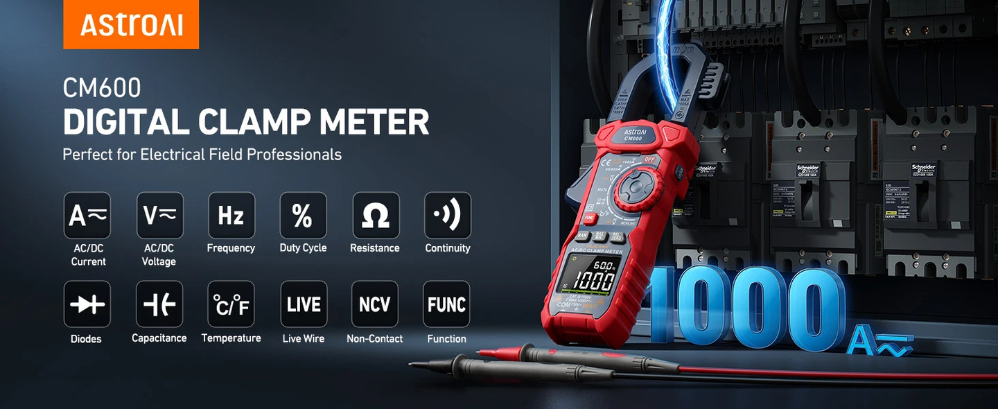 AstroAI Multímetro Digital de Pinza 6000 Cuentas, TRMS, Comprobador de Voltaje con VFD, Modo LOZ; Mide Corriente CA/CC, Voltaje, Temperatura, Resistencia, Capacitancia
