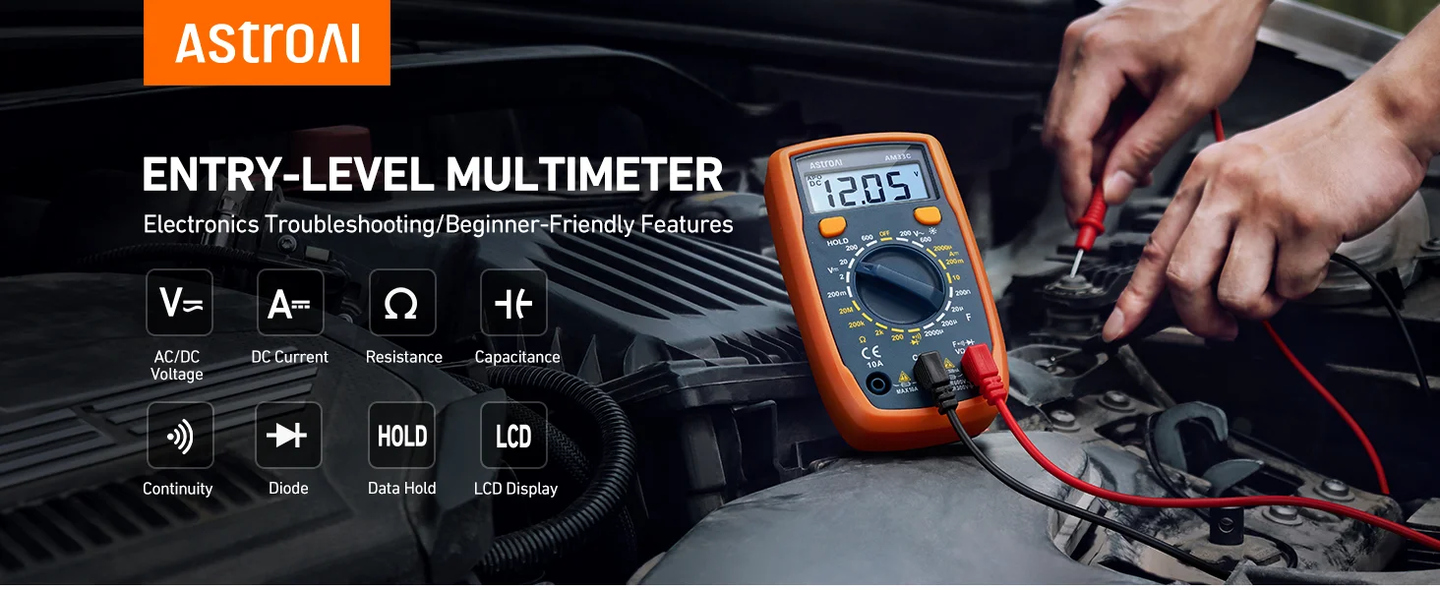 AstroAI Digital Multimeter Tester with Capacitance, 2000 Counts DC AC Voltmeter and Ohm Volt Amp Meter; Measures Voltage, Current, Resistance, Capacitance, Continuity and Diode, Orange