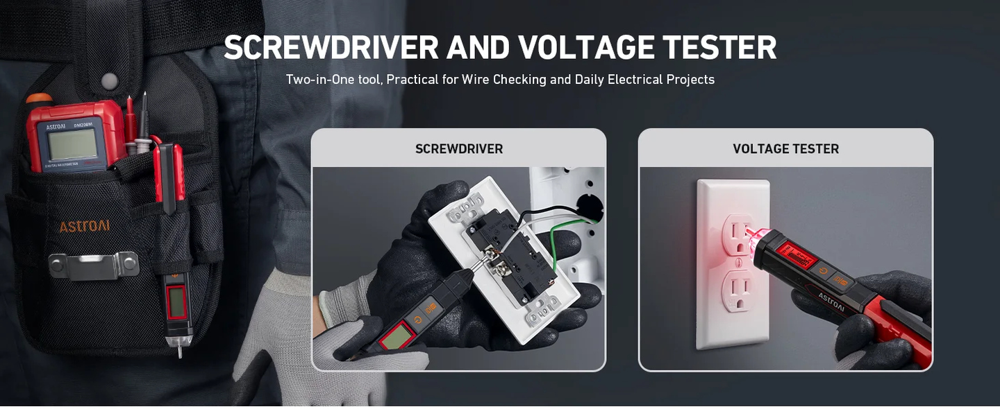 AstroAI Non-Contact Voltage Tester 12V with Torch, Voltage Tester Pen with LCD Percentage Display, Wire Breakpoint Finder, Buzzer Alarm, Live Wire Tester with Screwdriver
