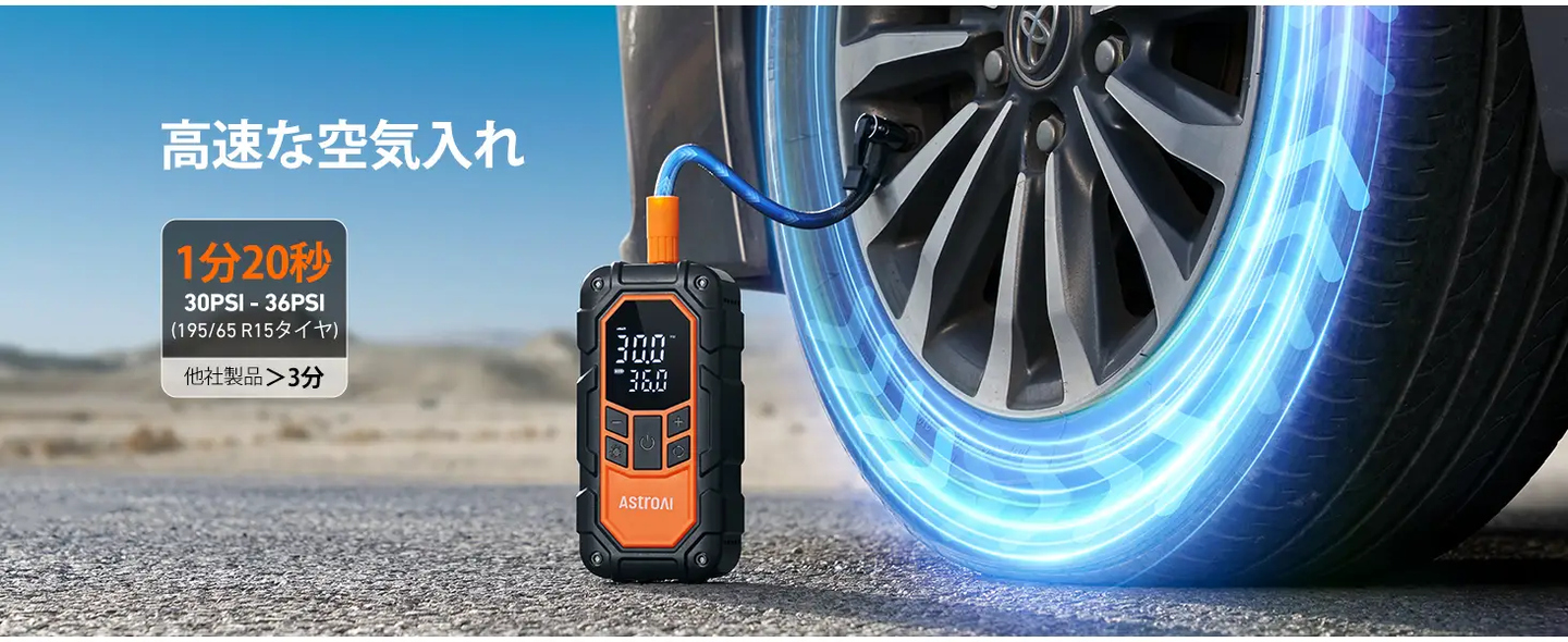 AstroAI S8 Air Nano ジャンプスターター 空気入れ 8000mAh 1500Aピーク電流 車用エンジンスターター（最大6.0Lガソリン車・3.0Lディーゼル車対応） 自動停止機能付タイヤインフレーター 12V 150PSI 車緊急始動 10種類の安全保護 モバイルバッテリー LED緊急ライト PSE認証済 USB-C付き